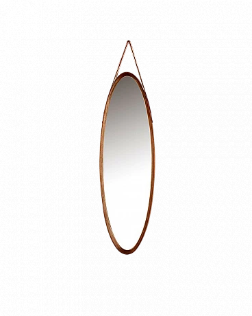 Oval wall mirror with wooden frame & leather cord, 1960s