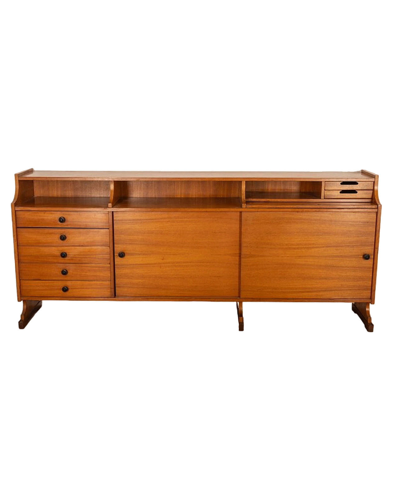 Credenza in teak con ante scorrevoli, cassetti e scrivania, anni '60 9