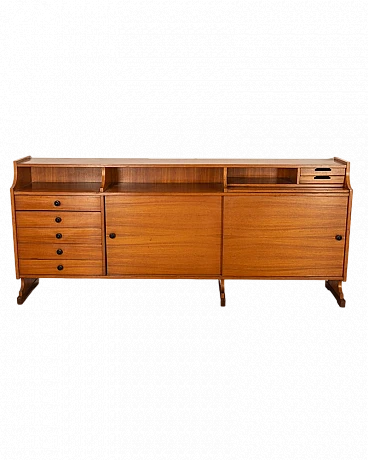 Teak sideboard with two sliding doors, drawers and desk, 1960s