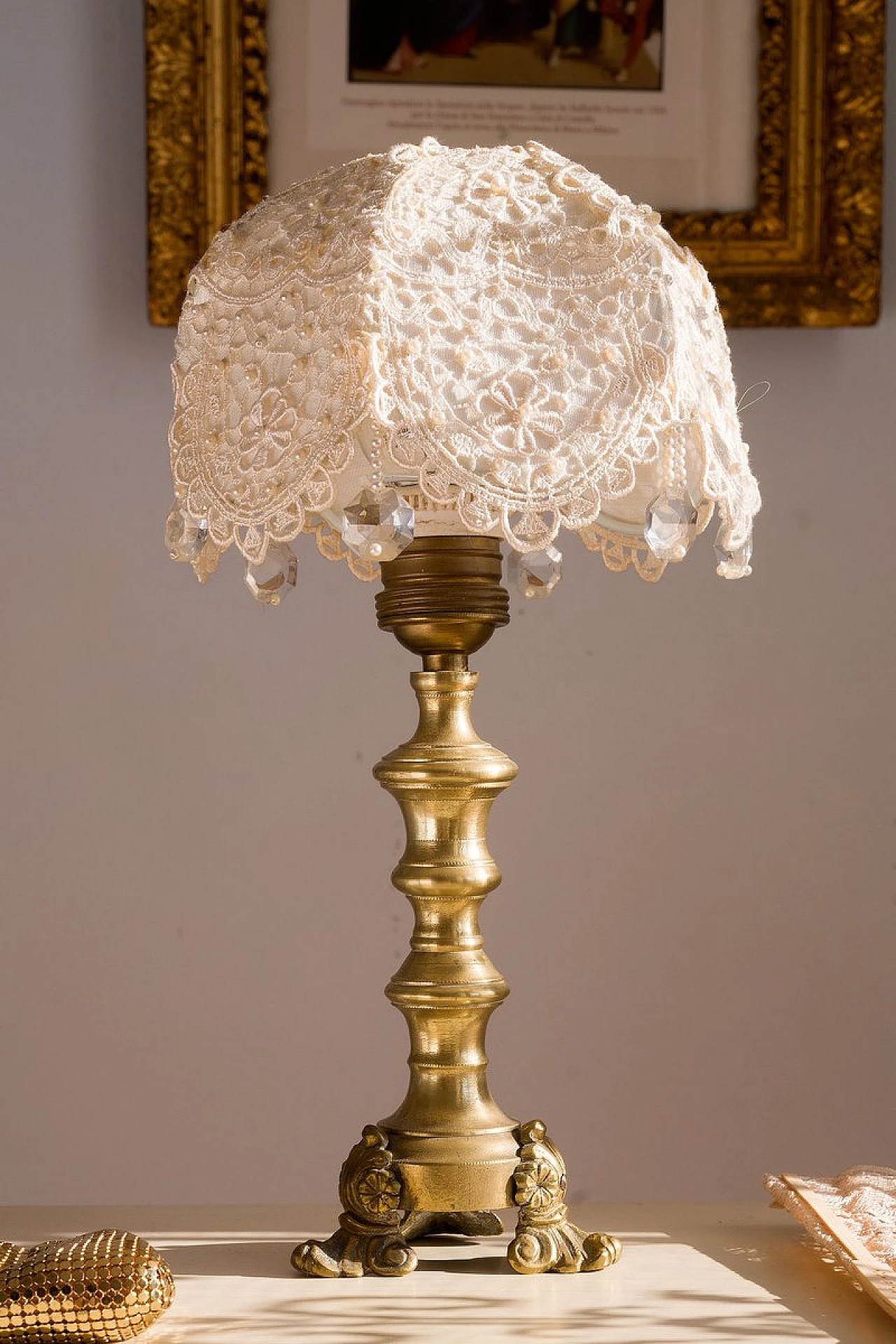 Table lamp with brass base & lampshade in organza with pearls, 1940s 1