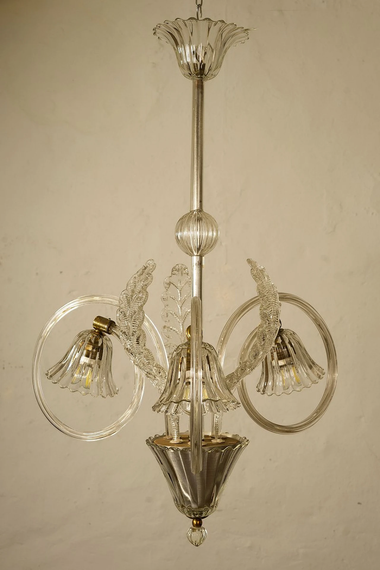 Lampadario a 3 luci di Ercole Barovier per Barovier & Toso, anni '40 1