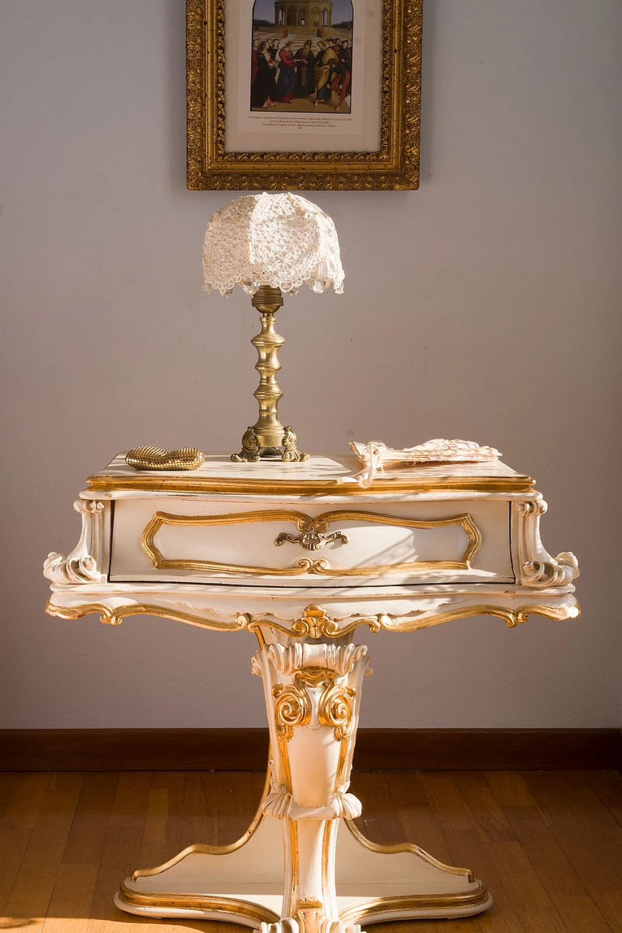 Table lamp with brass base & lampshade in organza with pearls, 1940s 2