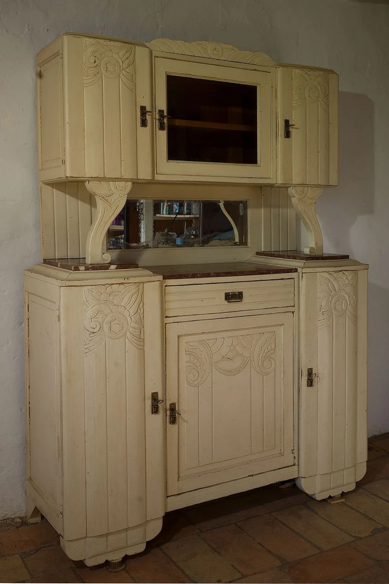 Art Déco sideboard in solid ash wood with floral motifs, 1930s 2