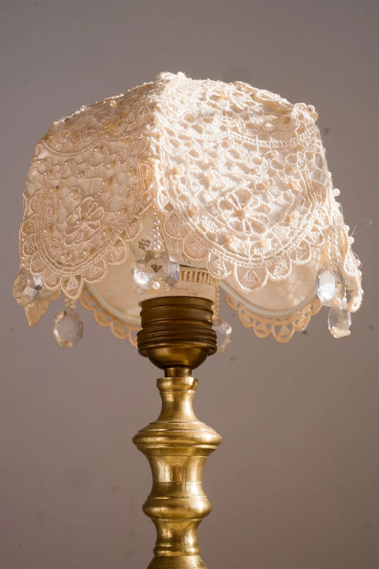 Table lamp with brass base & lampshade in organza with pearls, 1940s 3