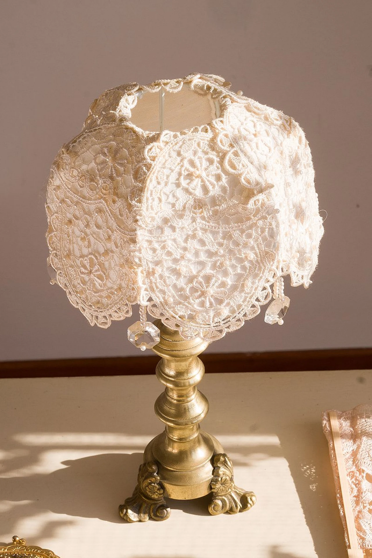 Table lamp with brass base & lampshade in organza with pearls, 1940s 4