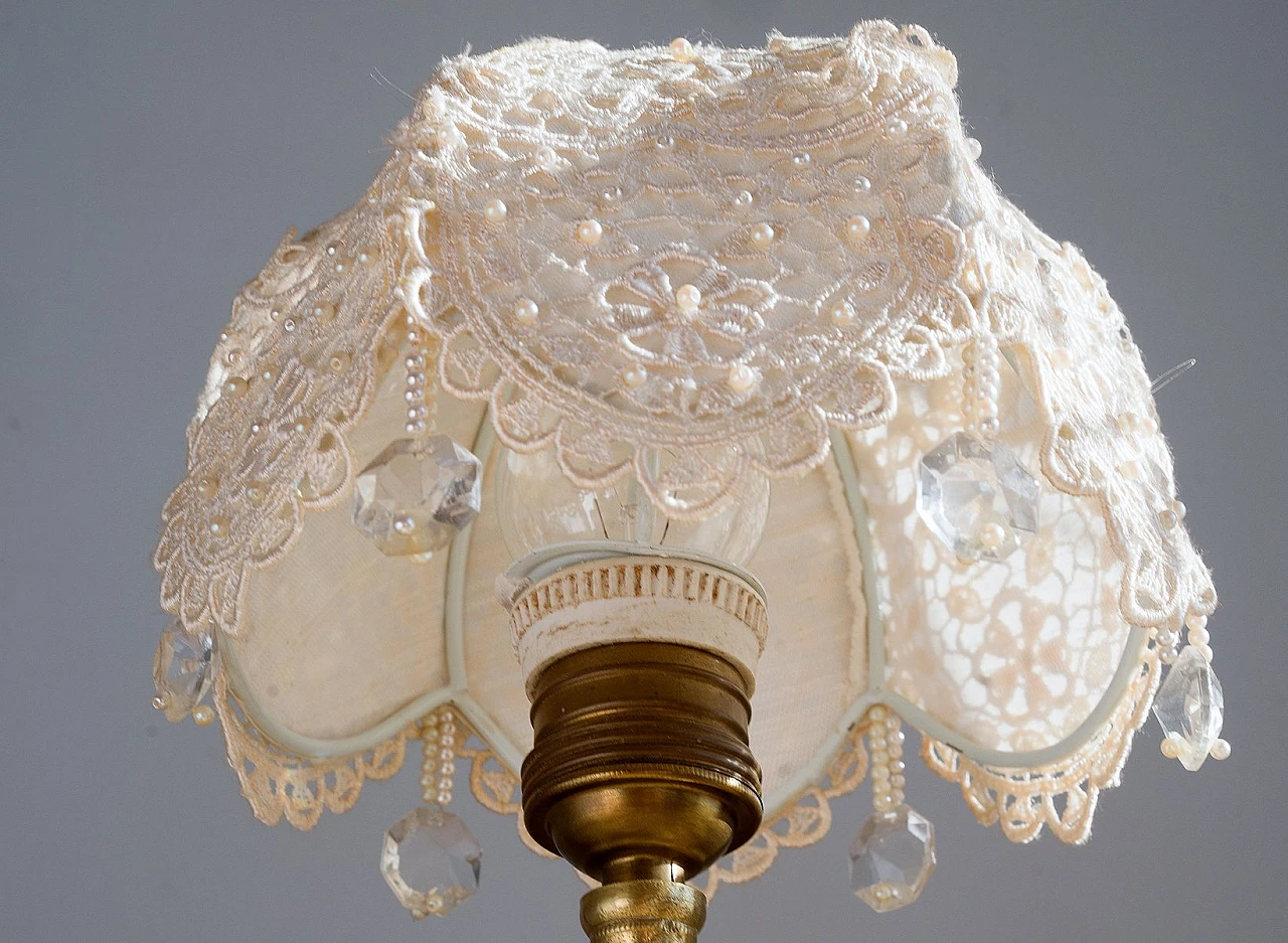 Table lamp with brass base & lampshade in organza with pearls, 1940s 5