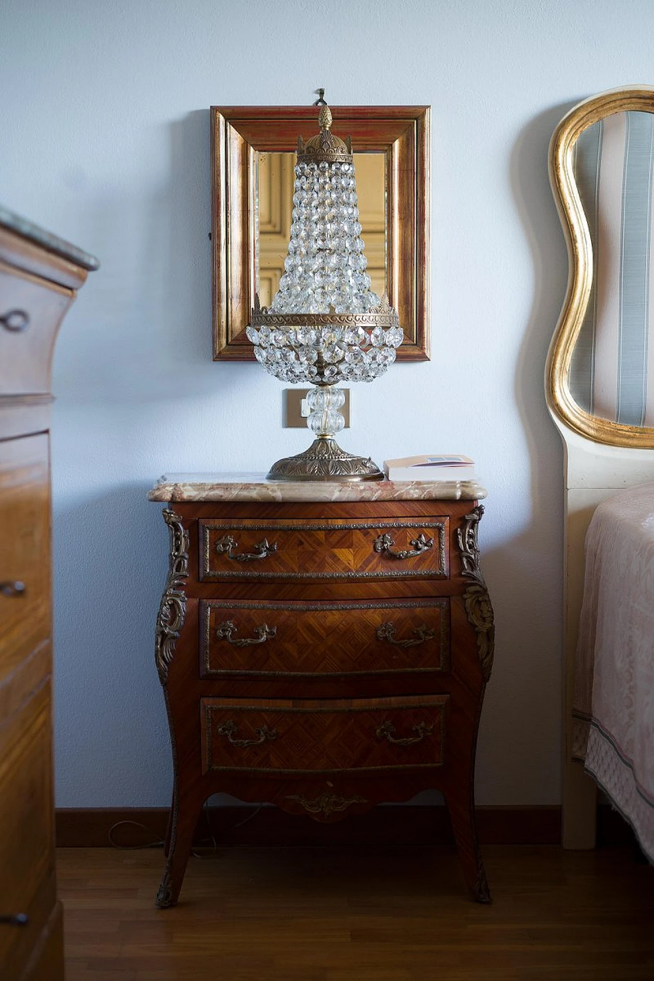 Empire style table lamp with 3 lights in brass & glass, 1950s 5