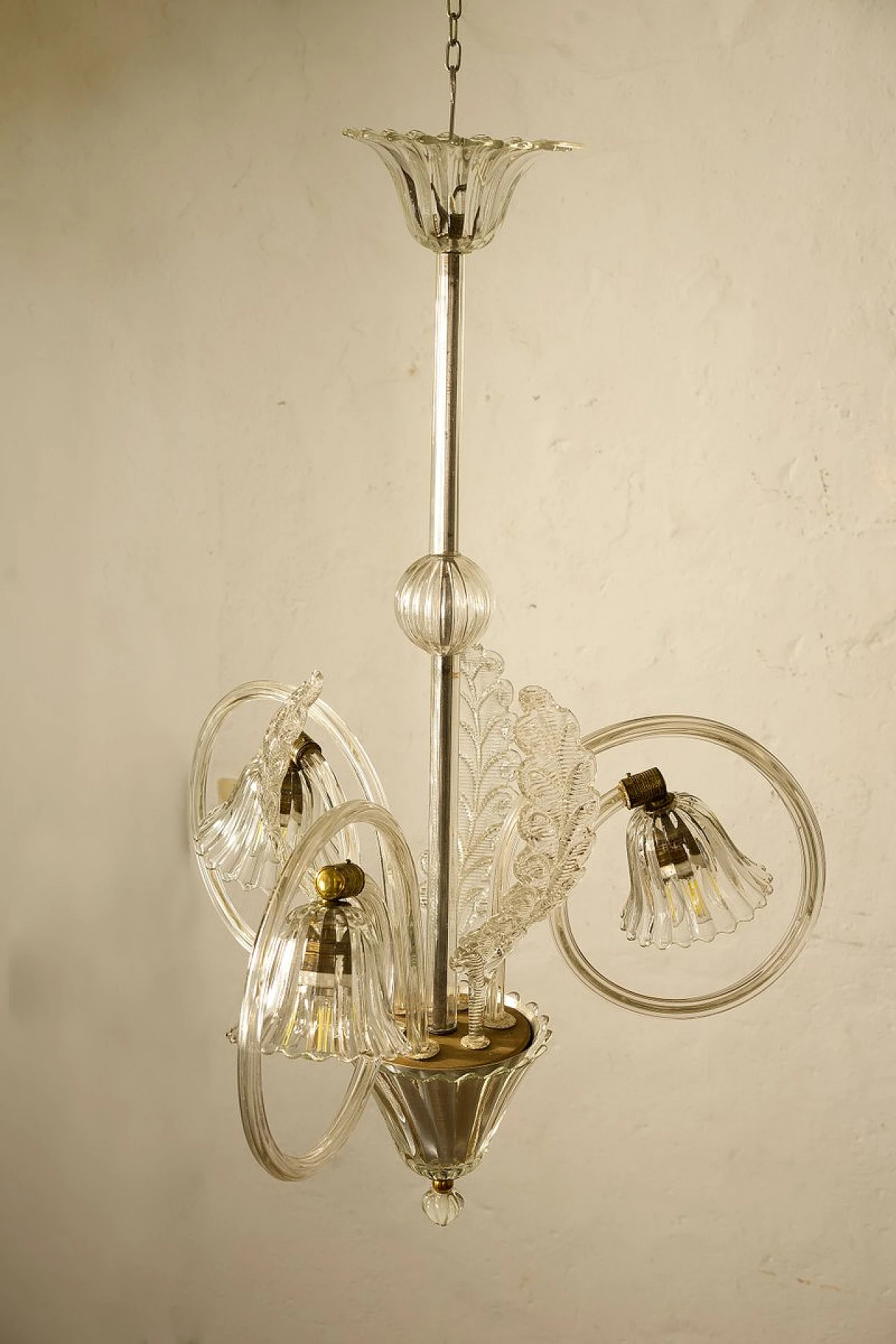 Lampadario a 3 luci di Ercole Barovier per Barovier & Toso, anni '40 11