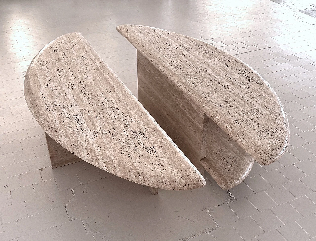 Pair of coffee tables in travertine & marble, 1970s 3