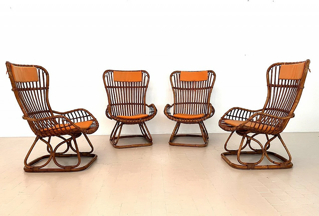 4 Armchairs in bamboo with orange cushions, 1970s 1