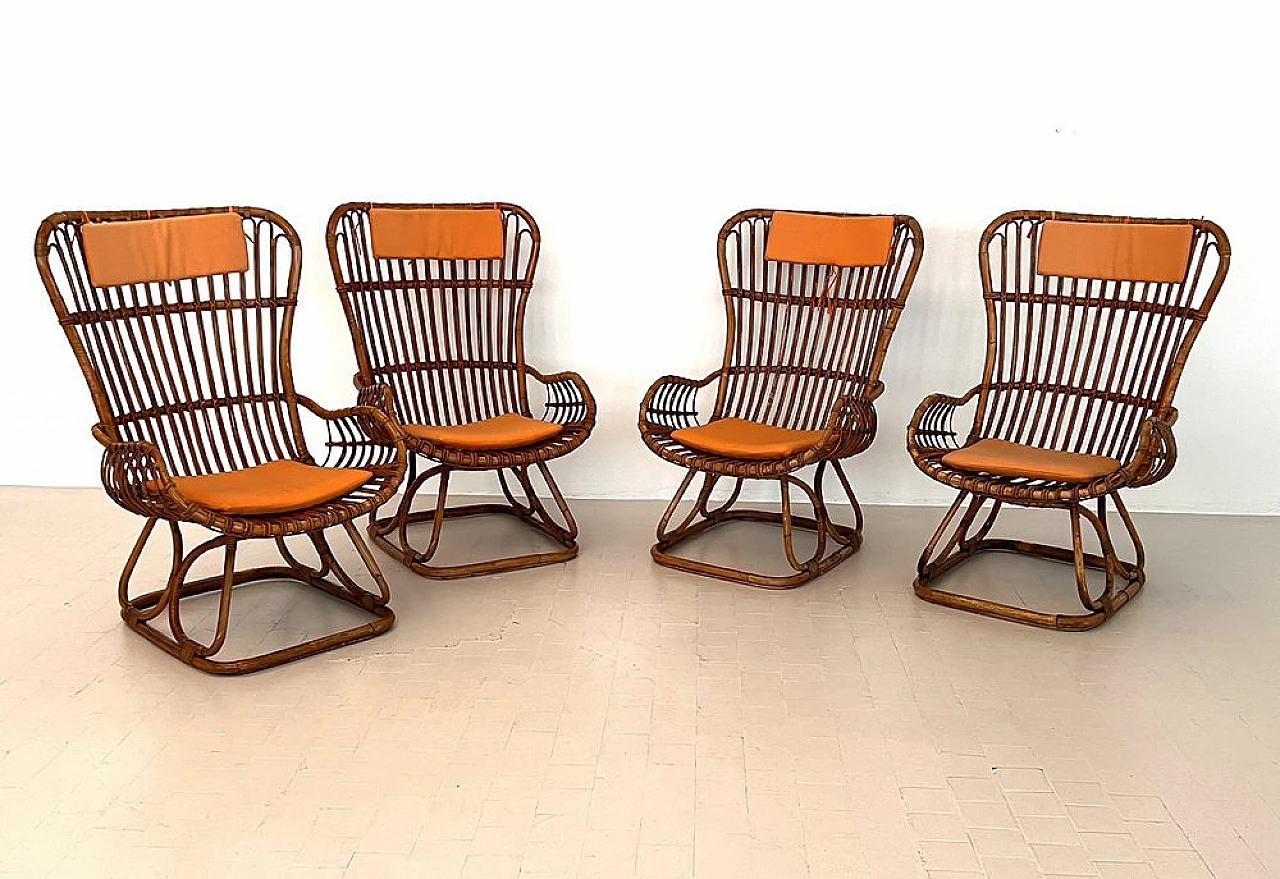 4 Armchairs in bamboo with orange cushions, 1970s 2