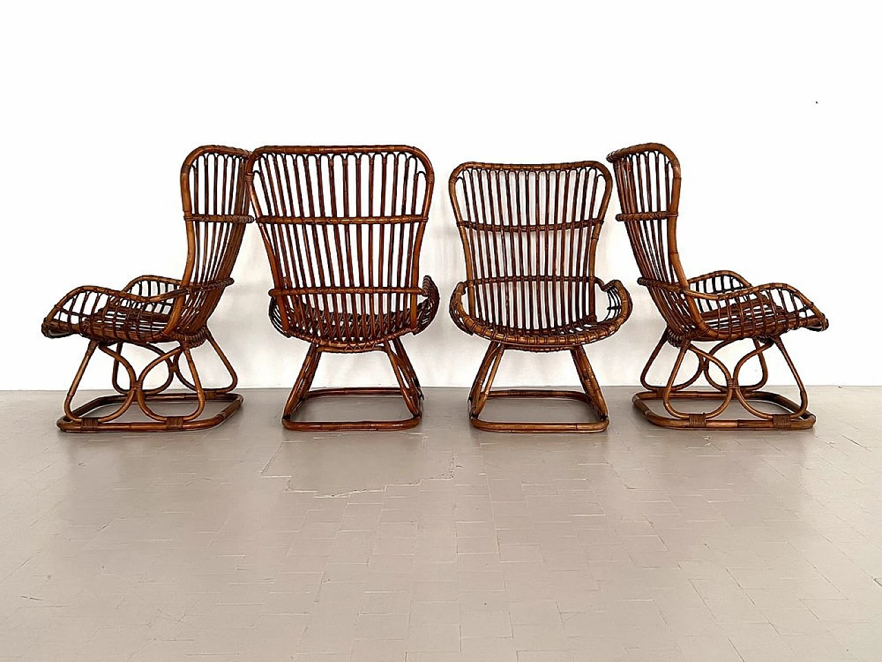 4 Armchairs in bamboo with orange cushions, 1970s 3