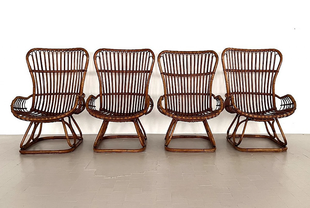 4 Armchairs in bamboo with orange cushions, 1970s 4