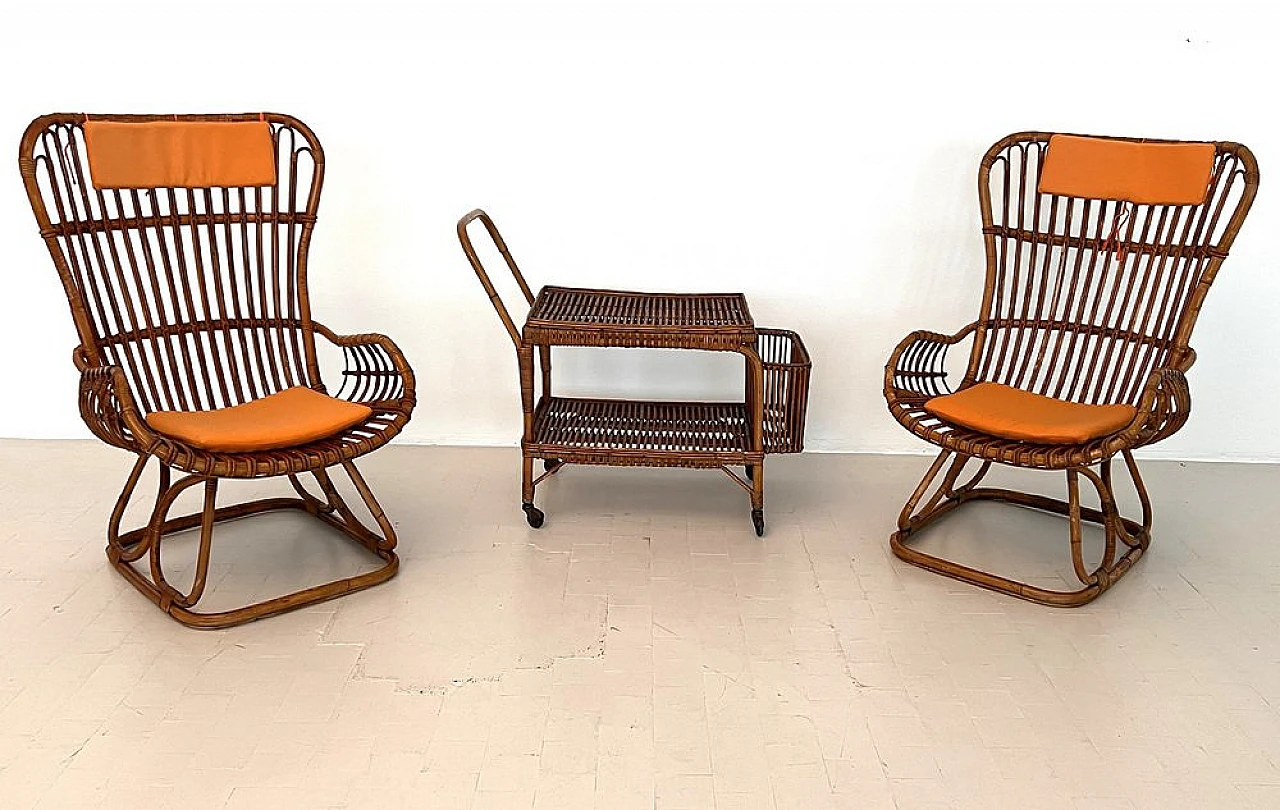 4 Armchairs in bamboo with orange cushions, 1970s 6