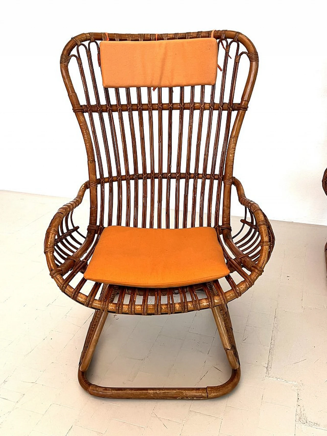 4 Armchairs in bamboo with orange cushions, 1970s 7