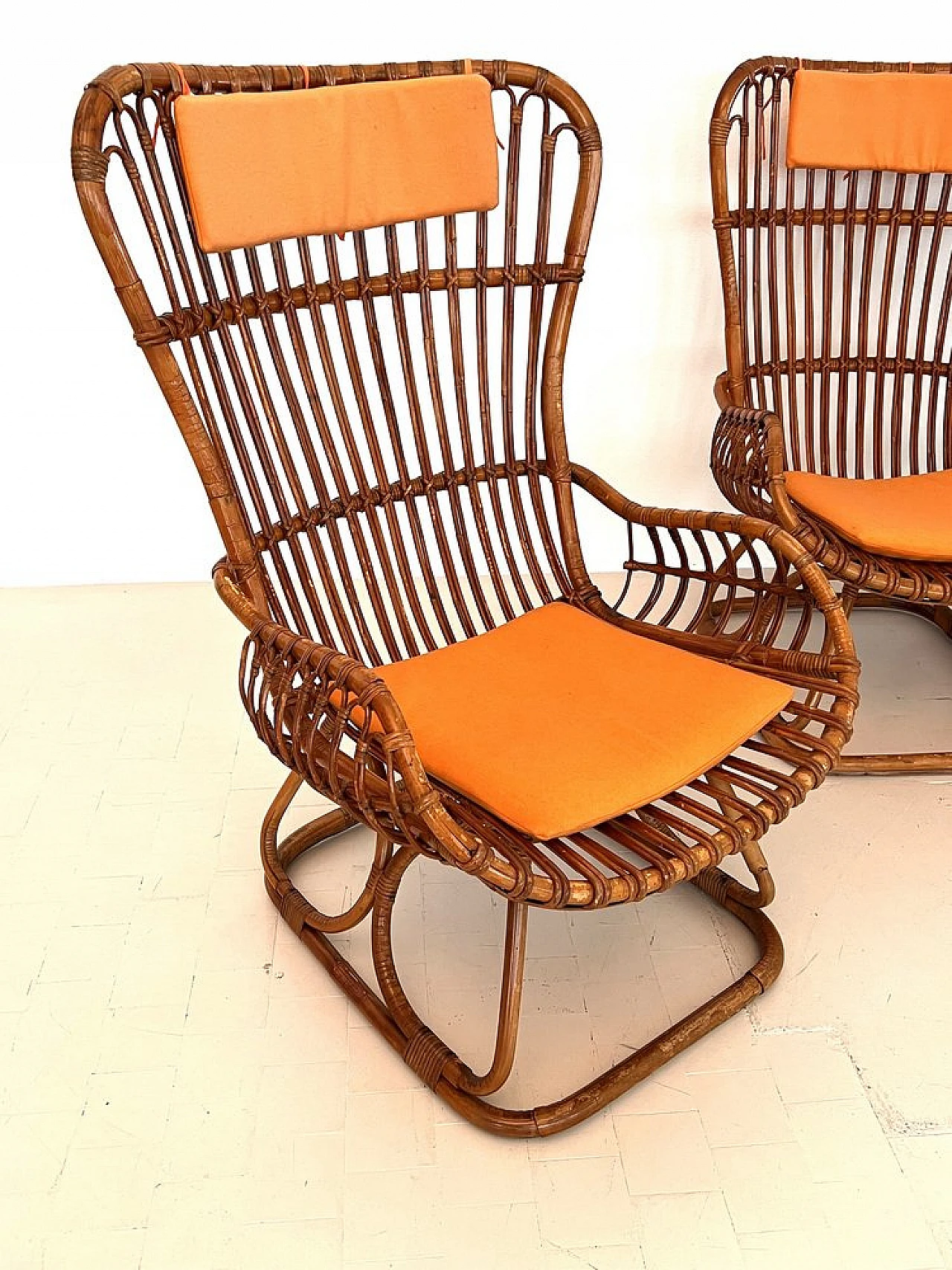 4 Armchairs in bamboo with orange cushions, 1970s 8