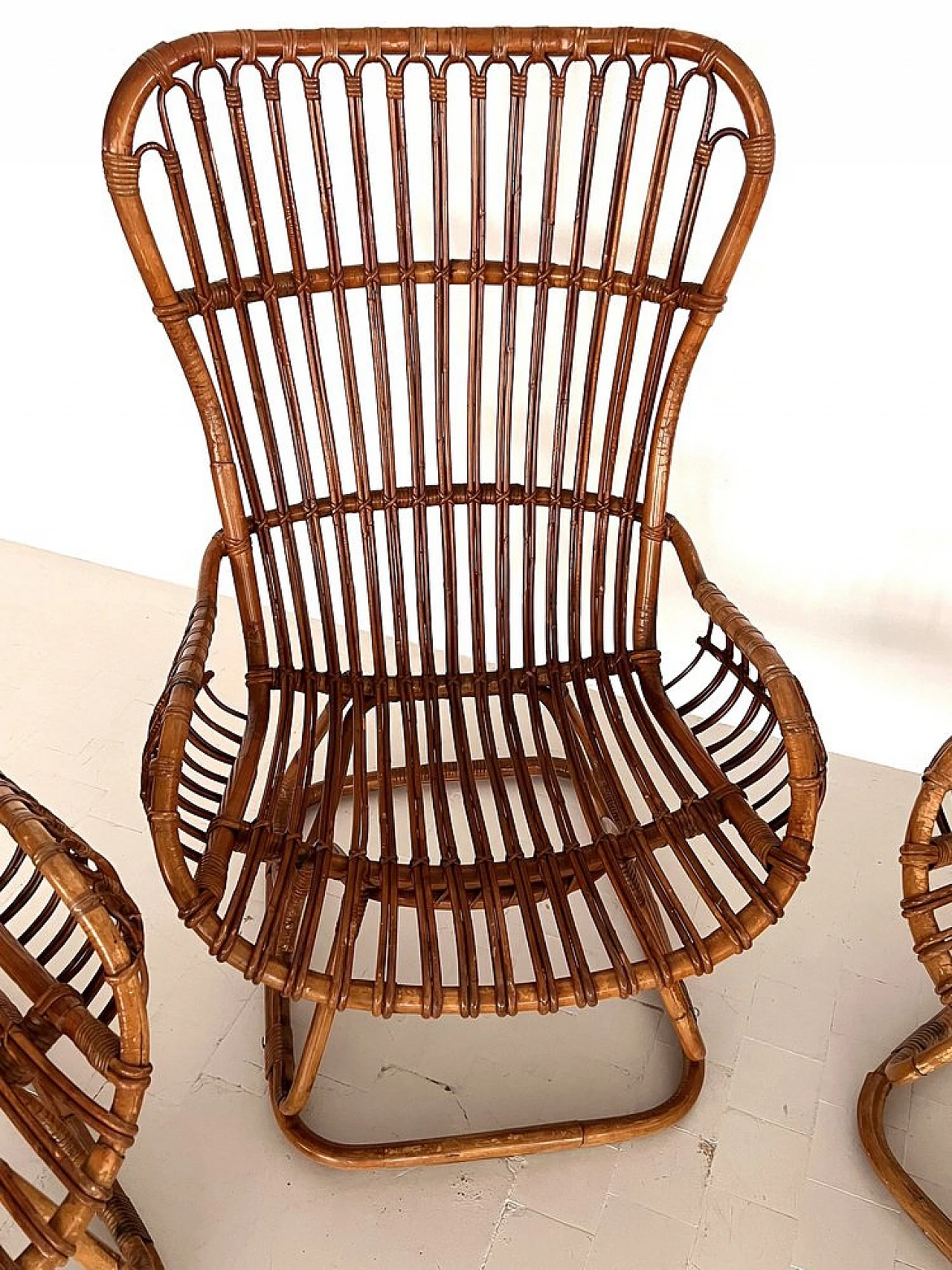 4 Armchairs in bamboo with orange cushions, 1970s 10