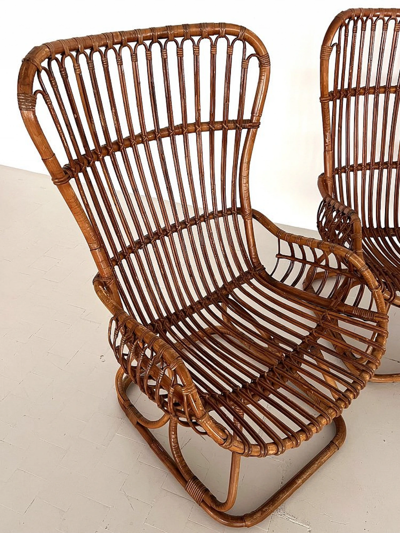 4 Armchairs in bamboo with orange cushions, 1970s 13