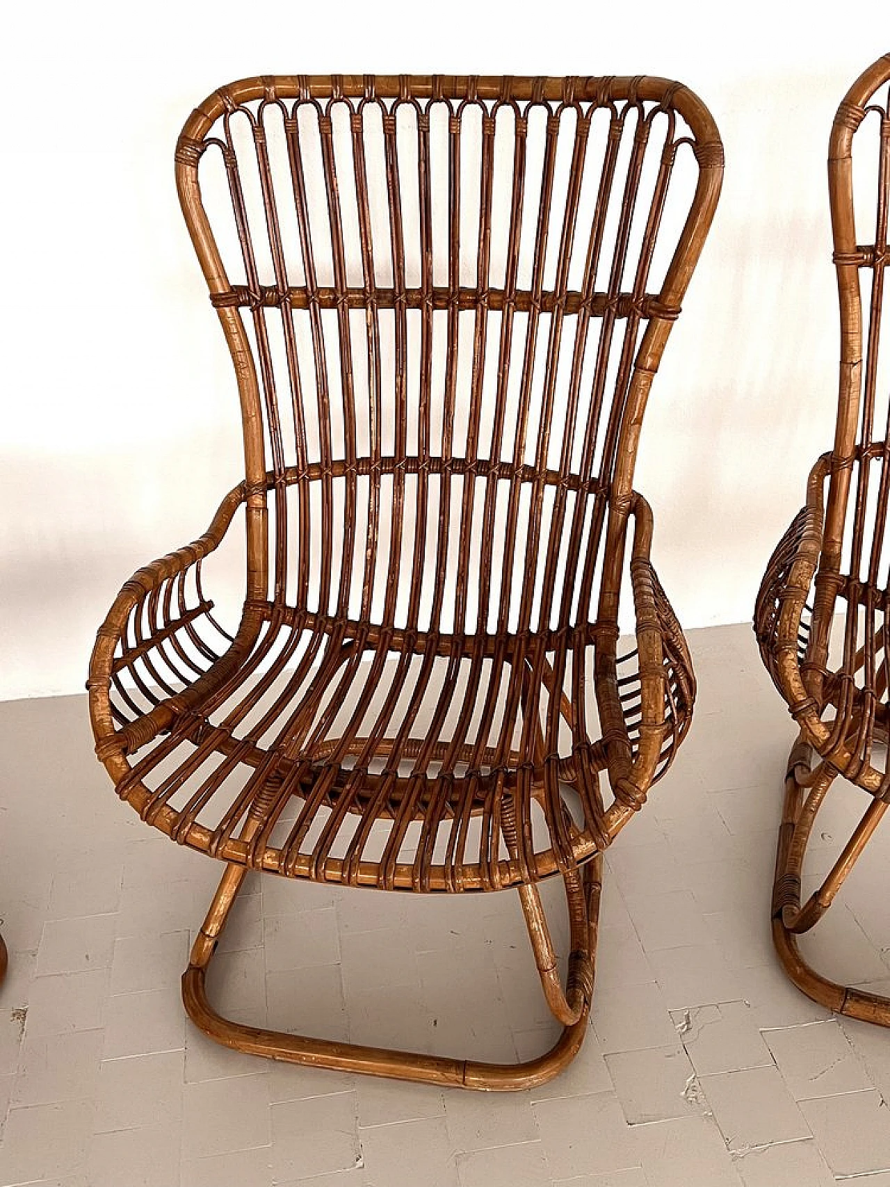 4 Armchairs in bamboo with orange cushions, 1970s 14