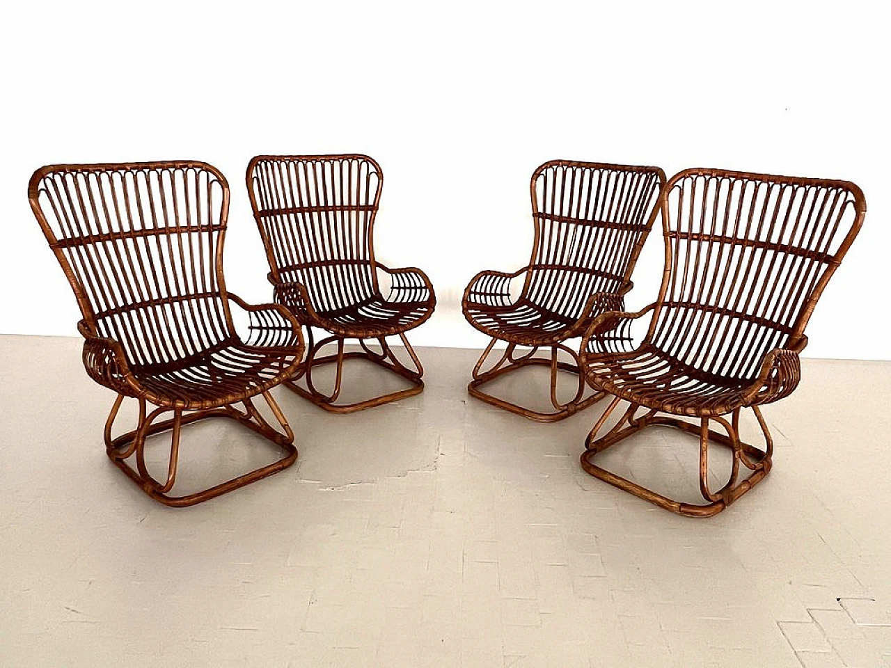 4 Armchairs in bamboo with orange cushions, 1970s 18