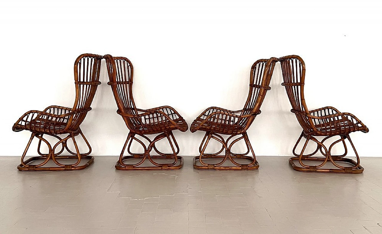 4 Armchairs in bamboo with orange cushions, 1970s 20