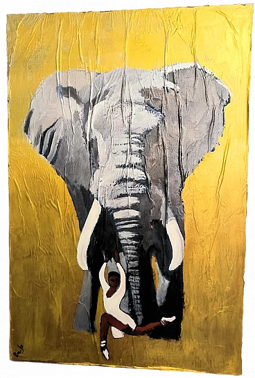 Bajo, Elephant and dancer, acrylic painting on canvas and paper, 2000