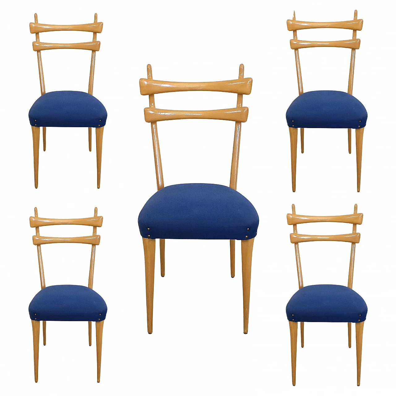 5 Chairs in maple and blue fabric, 1950s 1