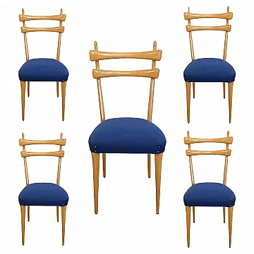 5 Chairs in maple and blue fabric, 1950s