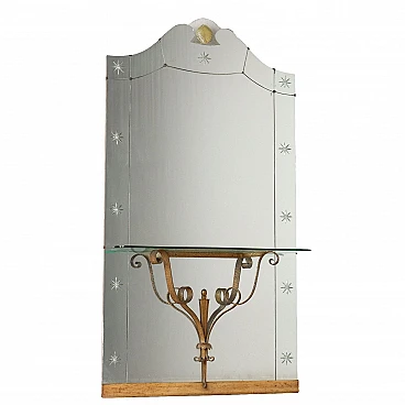 Specchio decorato con consolle in metallo ottonato, anni '50