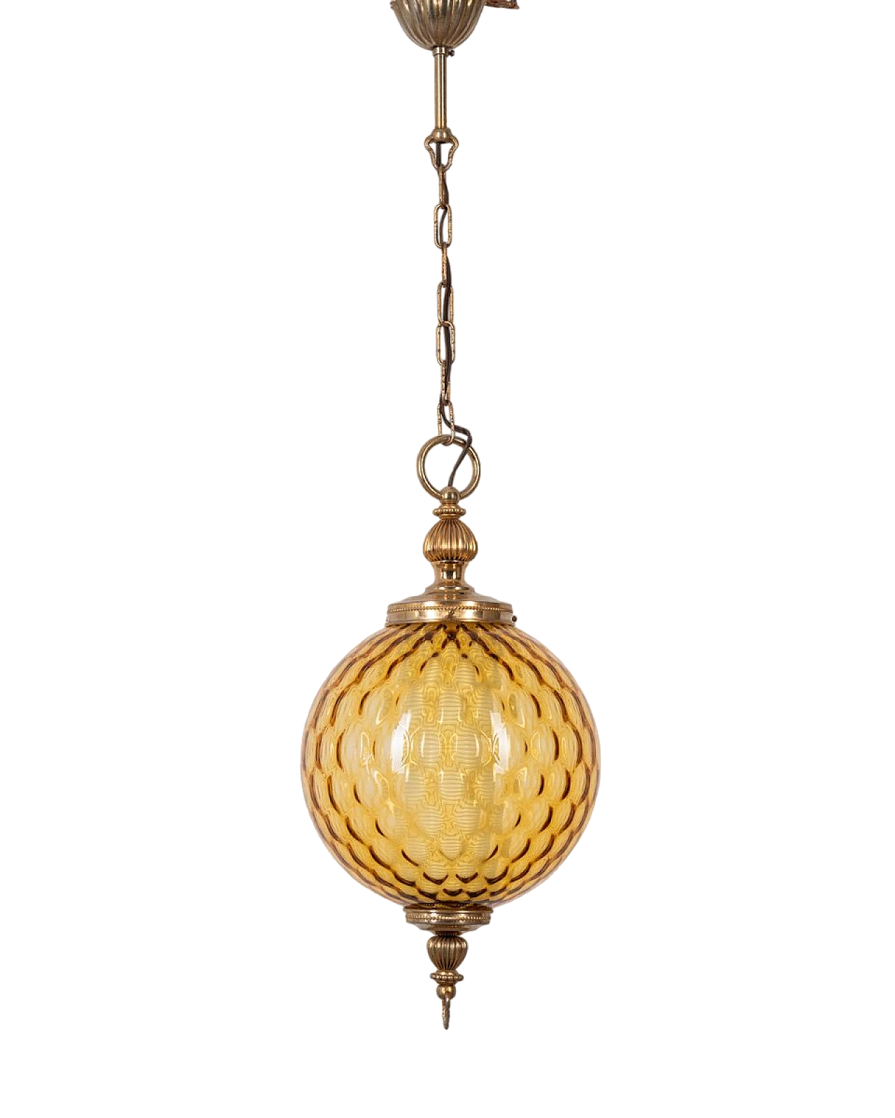 Ceiling lamp in golden brass with amber glass sphere, 1960s 7