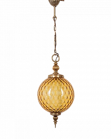 Ceiling lamp in golden brass with amber glass sphere, 1960s