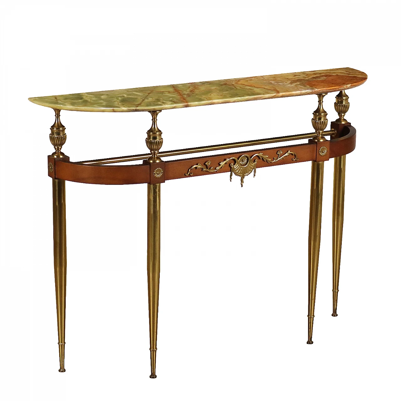 Consolle in legno ed ottone con piano in marmo verde, anni '50 1