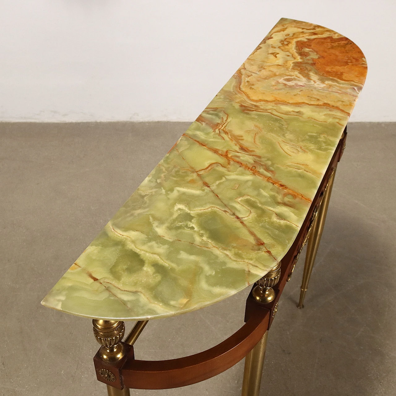 Consolle in legno ed ottone con piano in marmo verde, anni '50 3