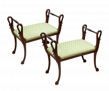 Pair of Empire mahogany and fabric benches, early 19th century