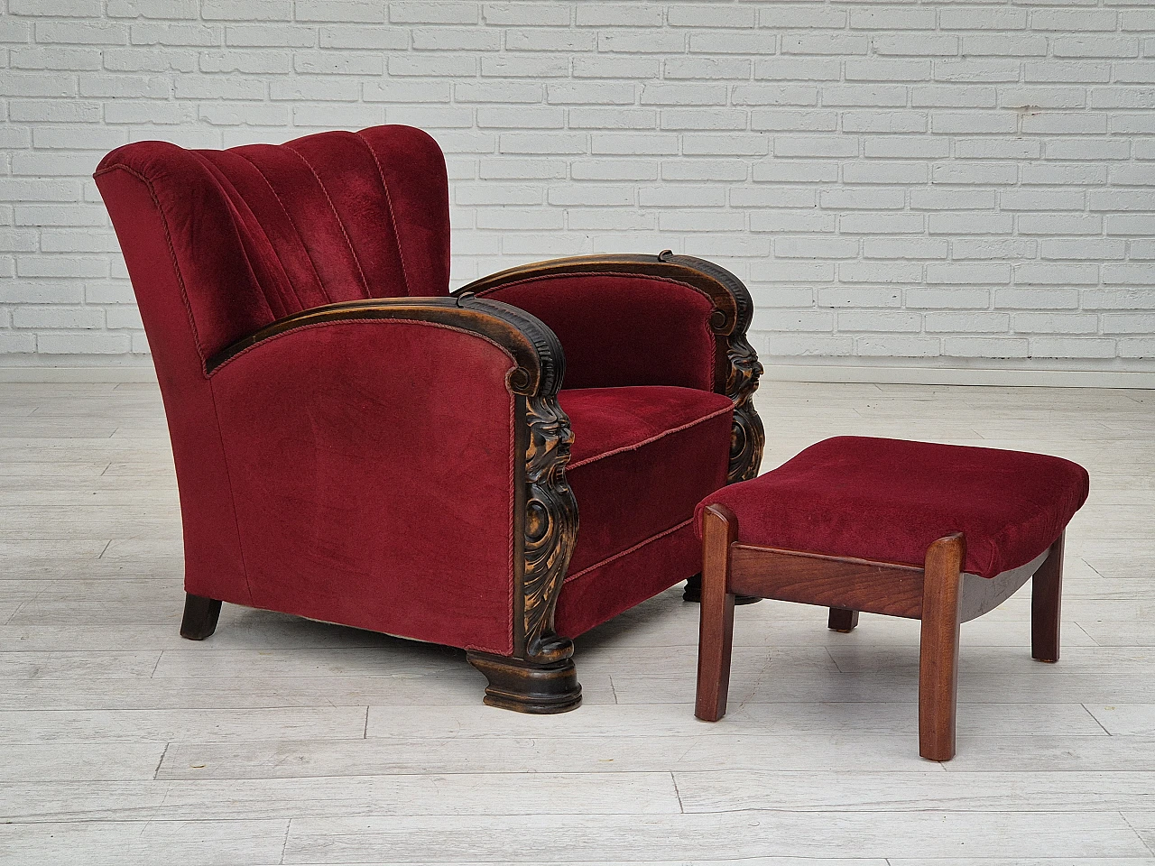 Danish velvet and ash armchair with footstool, 1950s 1