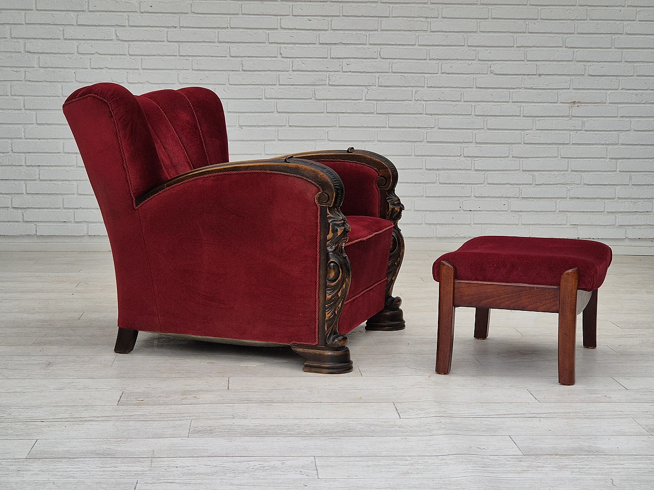 Danish velvet and ash armchair with footstool, 1950s 2