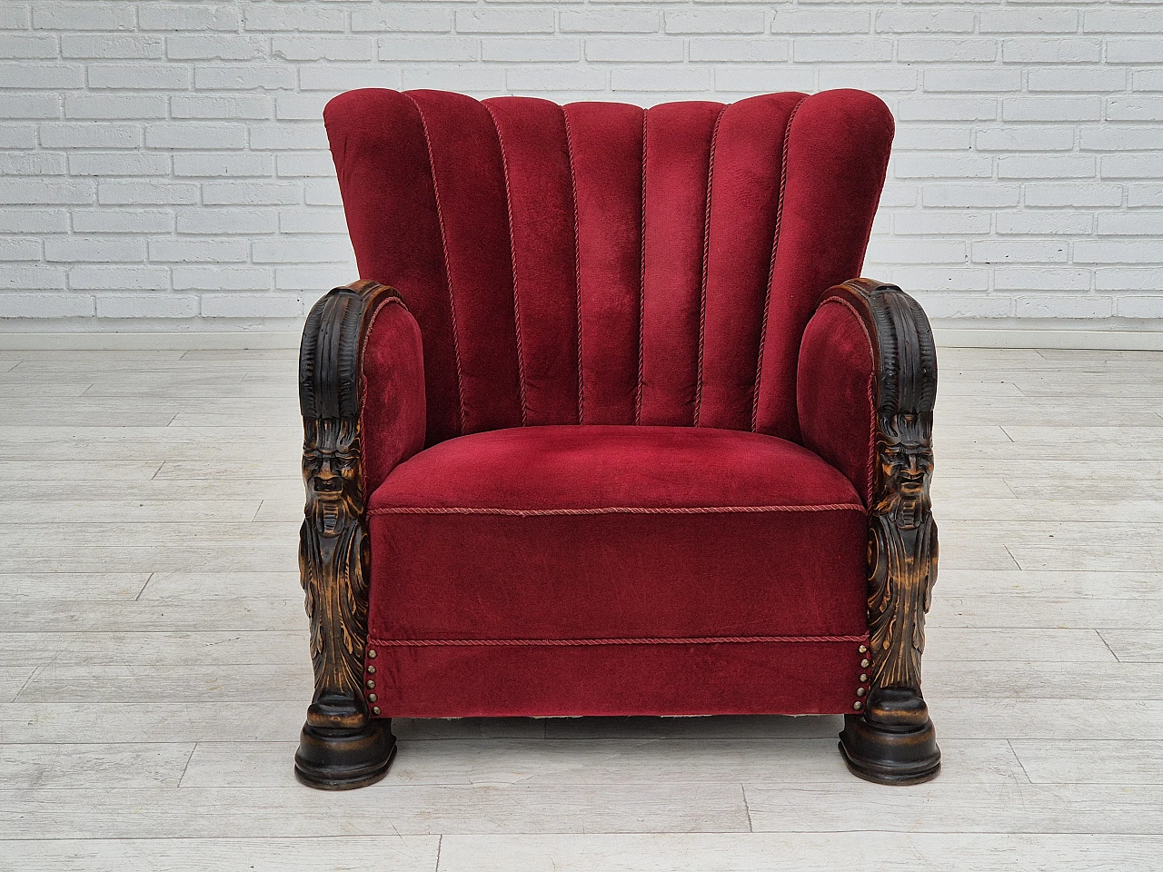 Danish velvet and ash armchair with footstool, 1950s 3