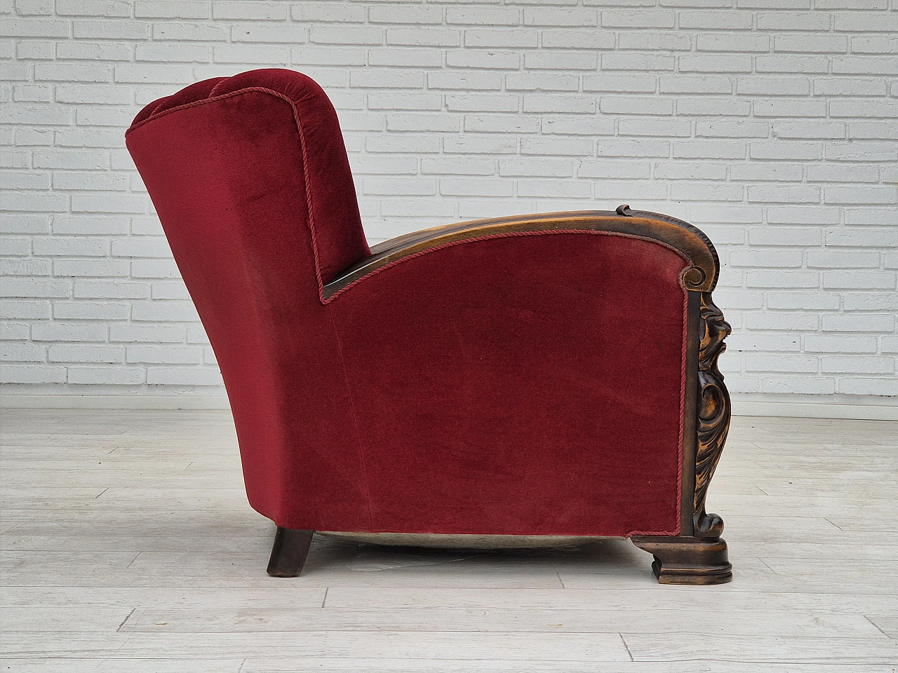 Danish velvet and ash armchair with footstool, 1950s 4