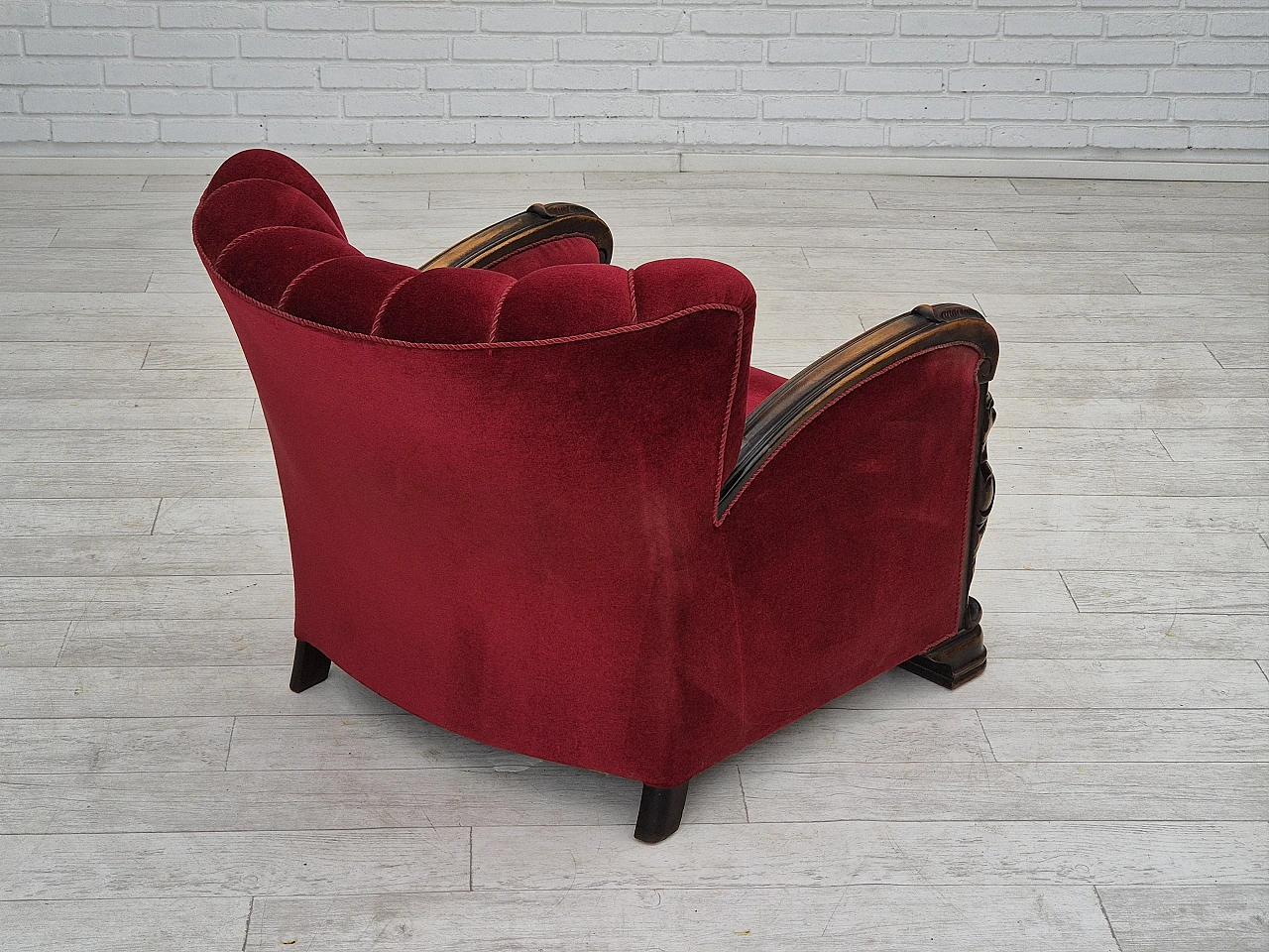 Danish velvet and ash armchair with footstool, 1950s 5