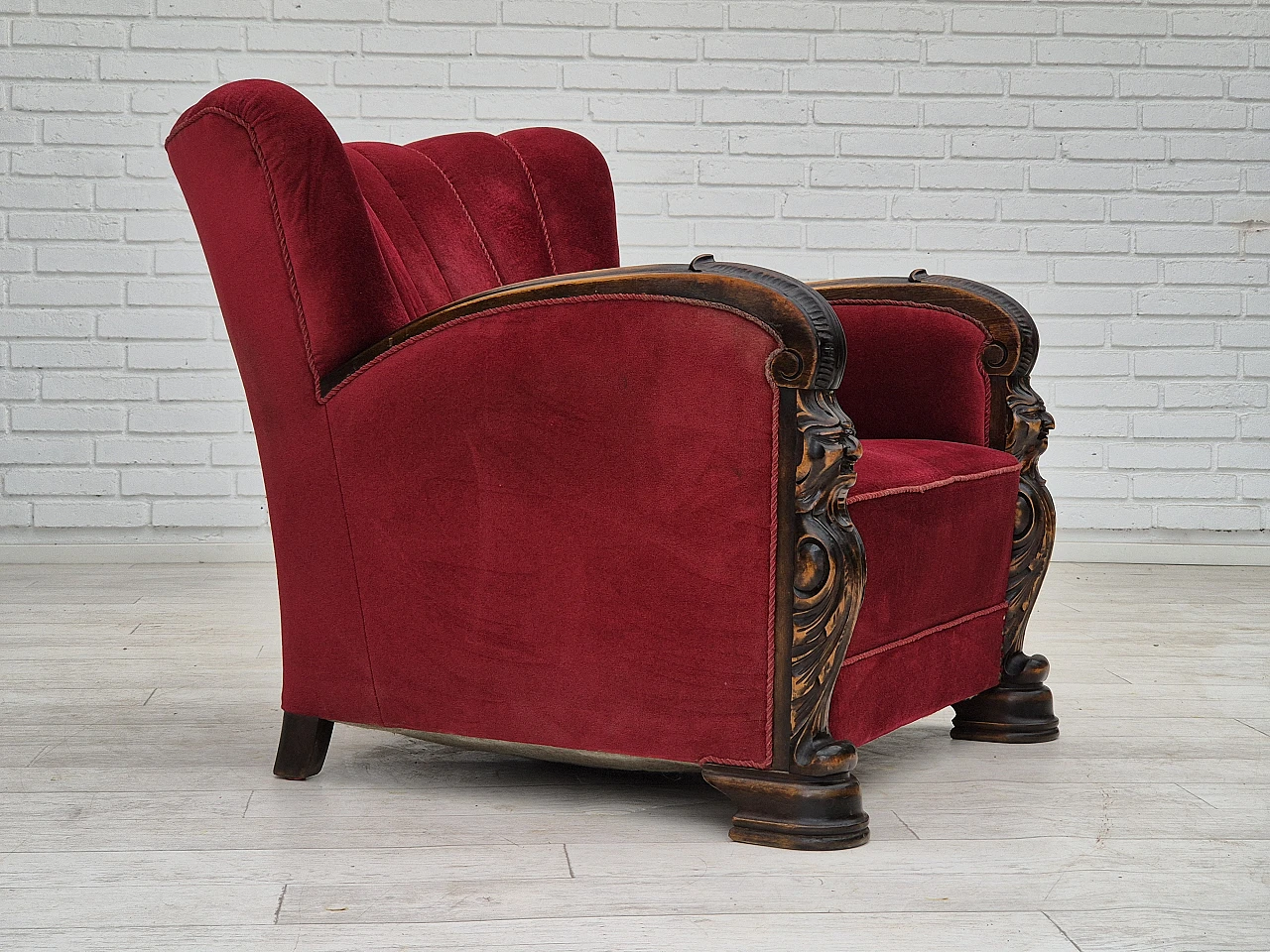 Danish velvet and ash armchair with footstool, 1950s 6