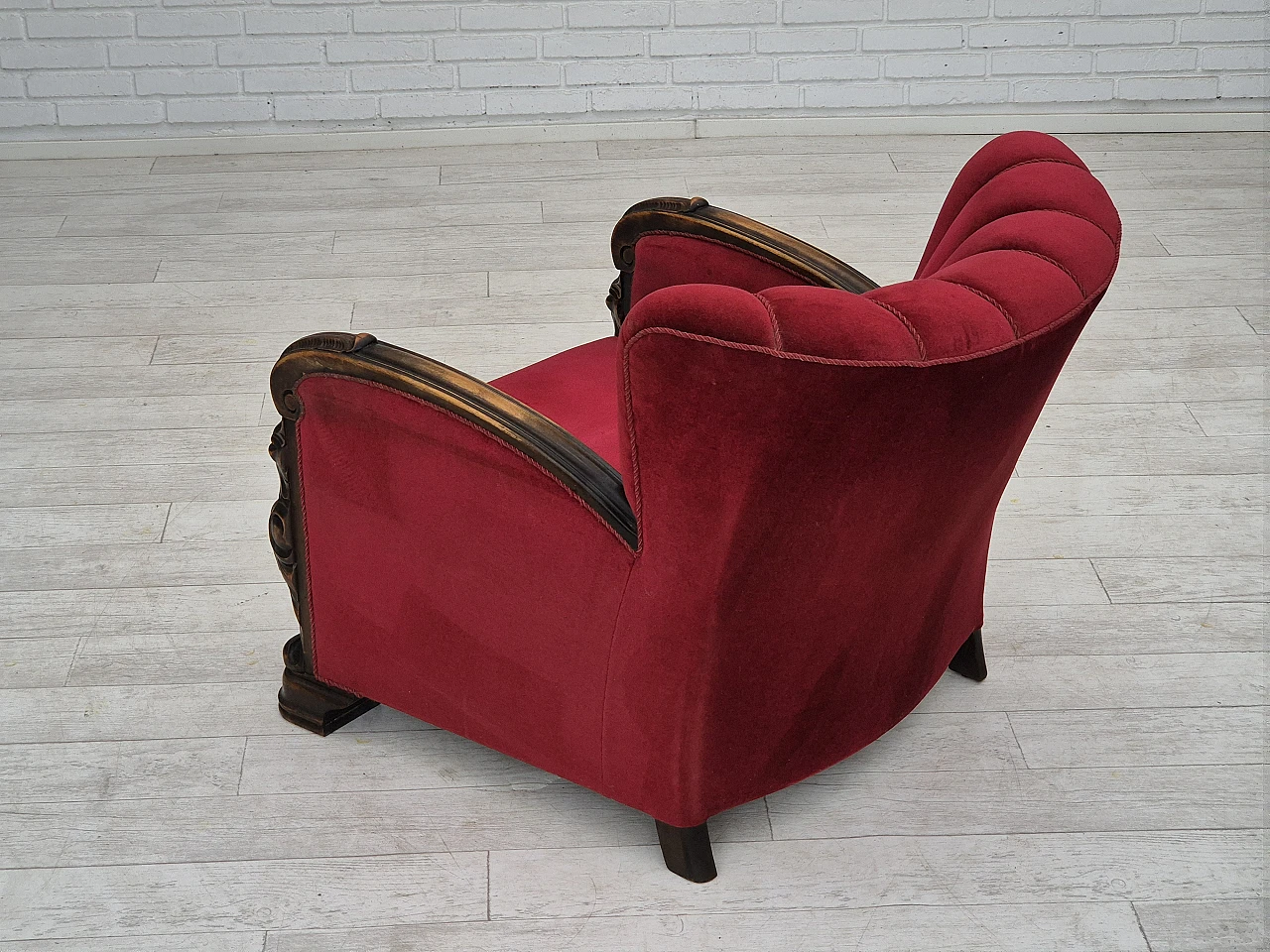 Danish velvet and ash armchair with footstool, 1950s 8