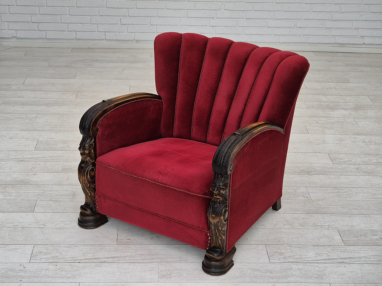 Danish velvet and ash armchair with footstool, 1950s 9