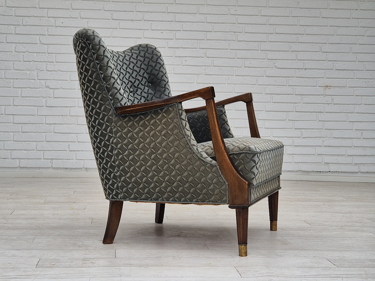 Danish beech and velvet armchair, 1960s 1