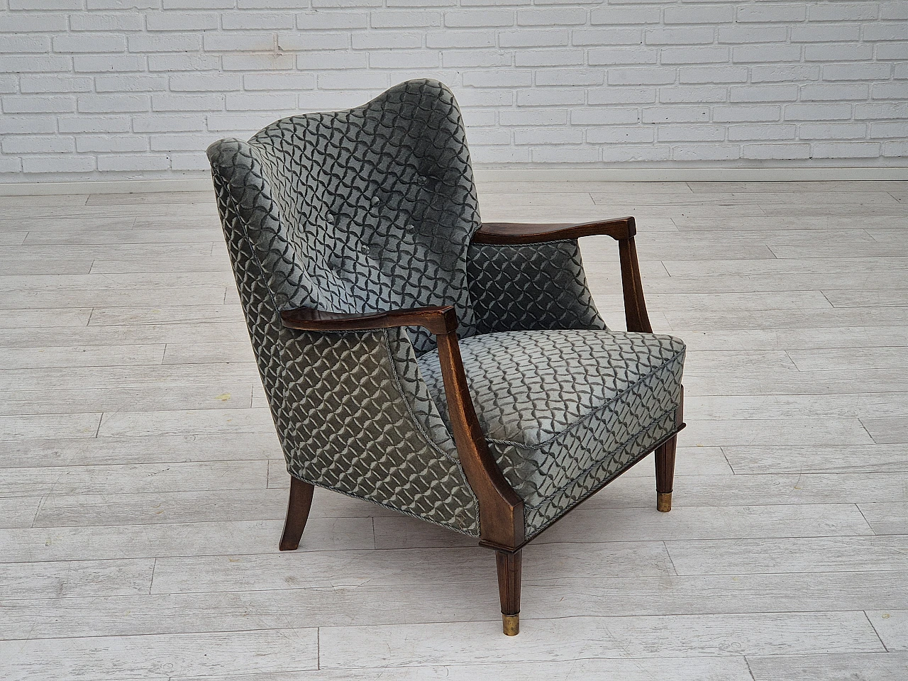 Danish beech and velvet armchair, 1960s 2