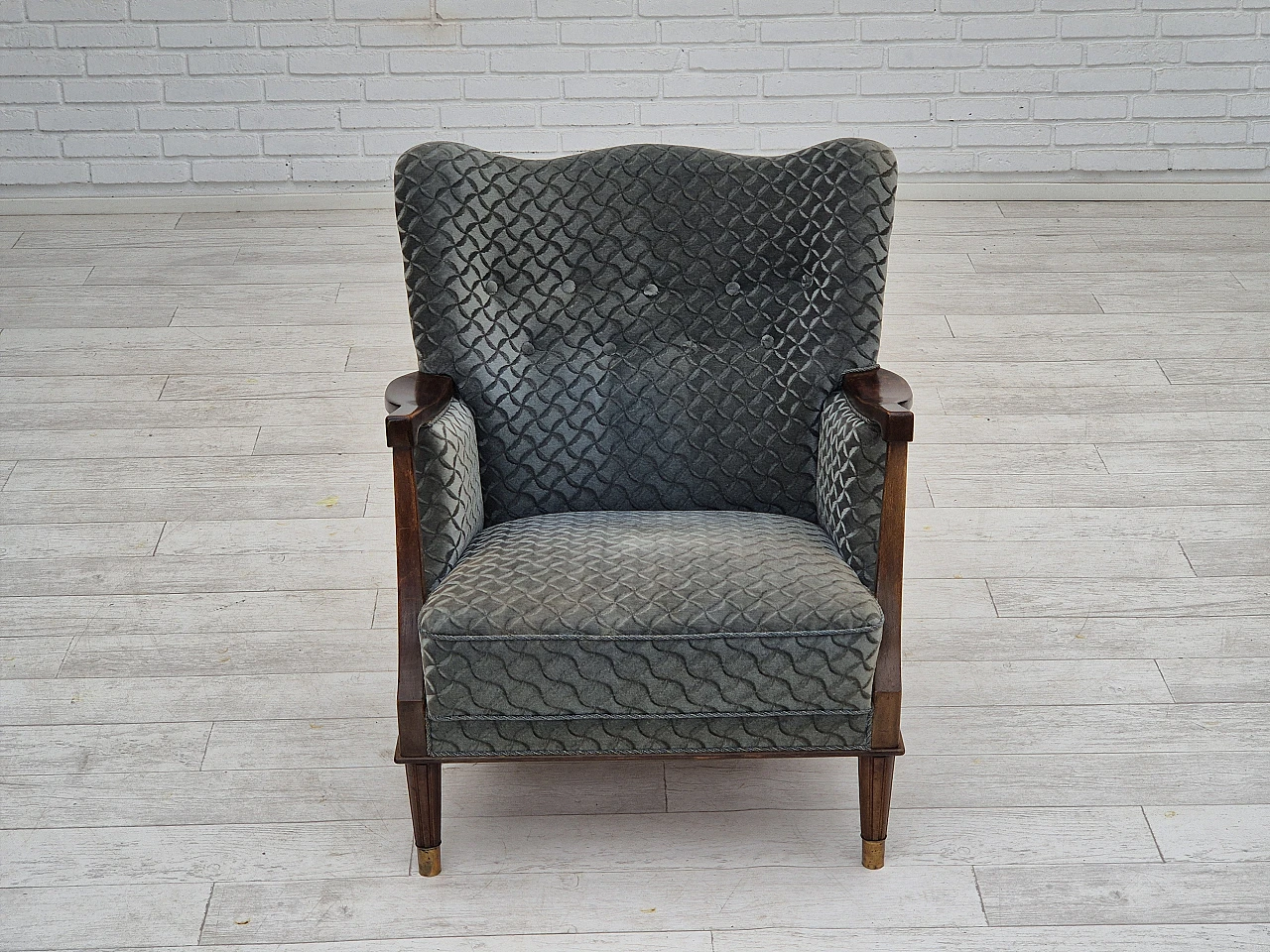 Danish beech and velvet armchair, 1960s 4