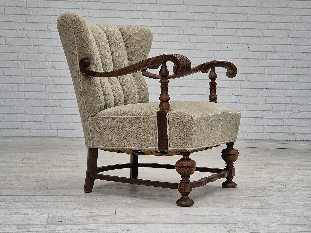 Danish fabric and carved oak armchair, 1950s 1