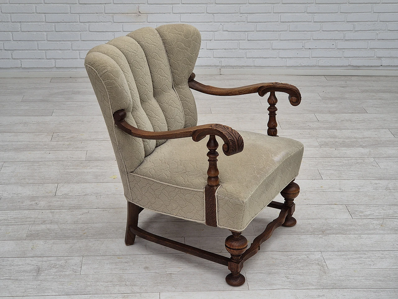 Danish fabric and carved oak armchair, 1950s 2