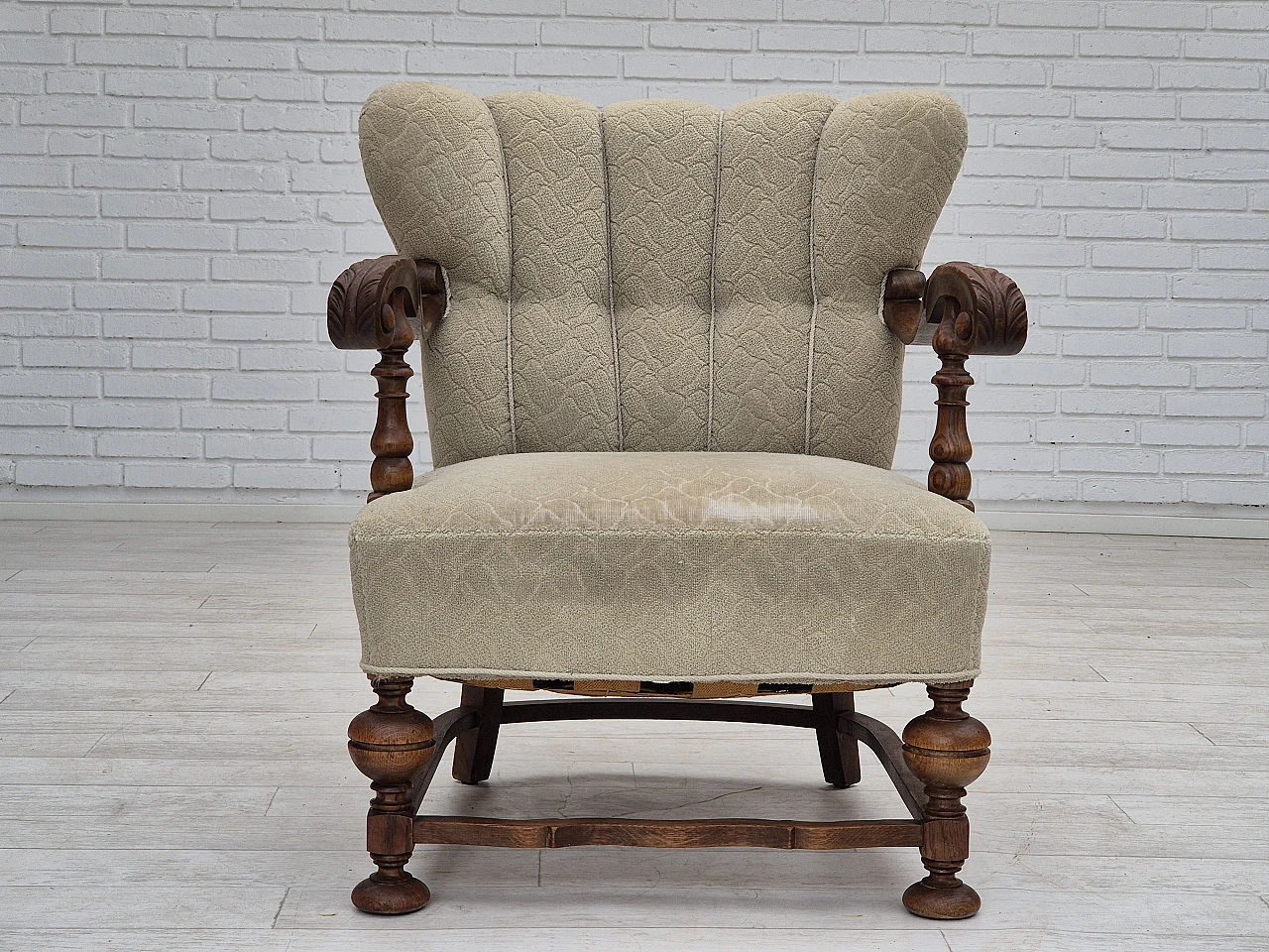 Danish fabric and carved oak armchair, 1950s 3