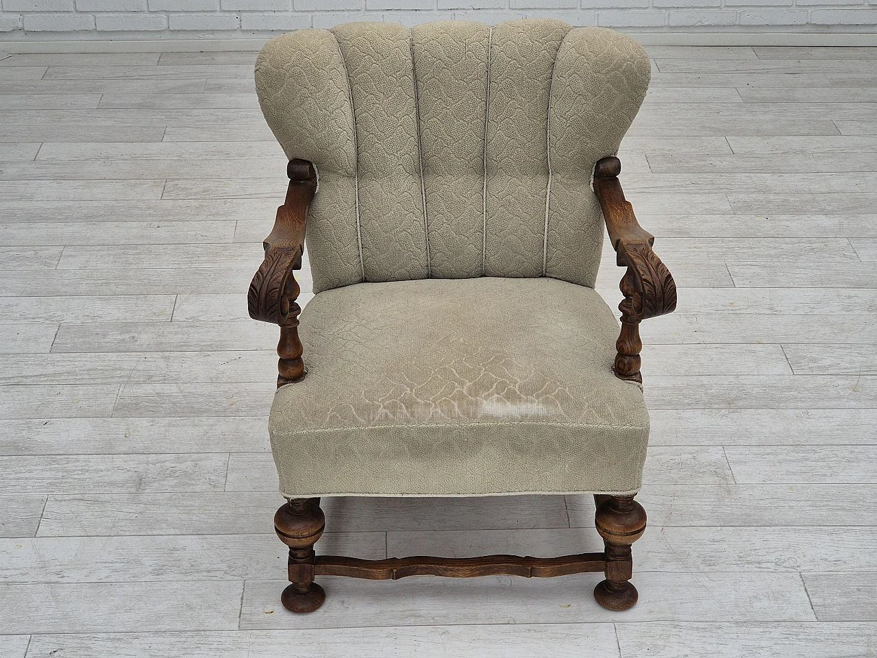 Danish fabric and carved oak armchair, 1950s 4