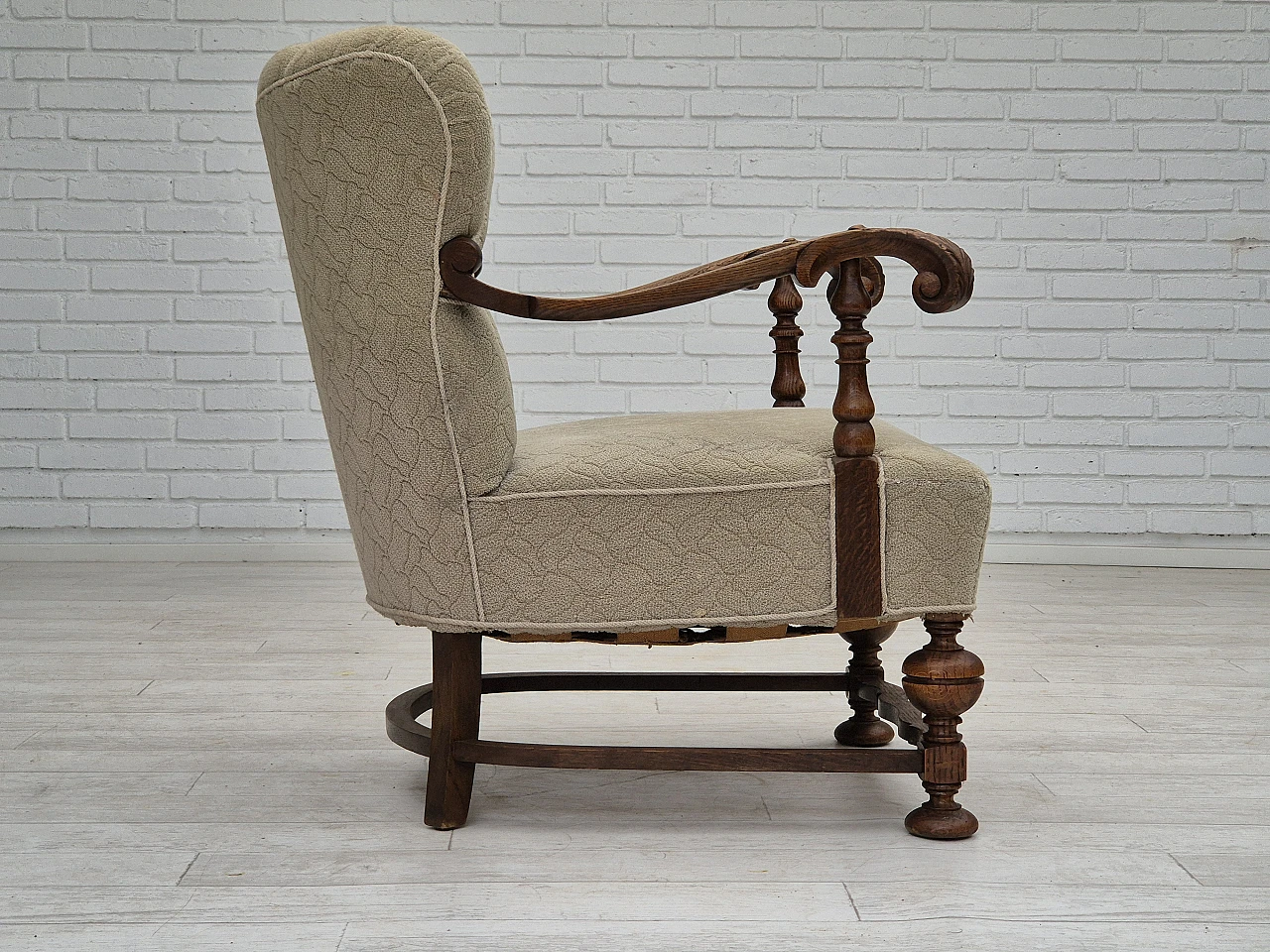 Danish fabric and carved oak armchair, 1950s 5